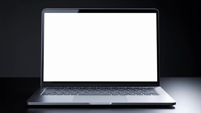 Modern laptop with blank white screen on dark background