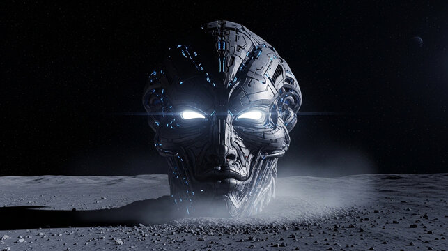 Mysterious Alien Head Sculpture with Glowing Eyes on a Dark, Dusty Surface