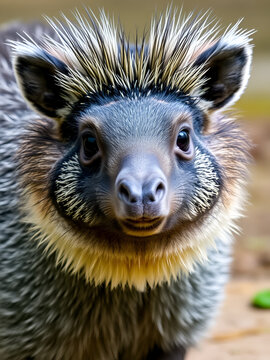 A collared peccary (Pecari tajacu) in focus, showcasing its attentive gaze and detailed fur texture. Ideal for wildlife themes or environmental protection topics.