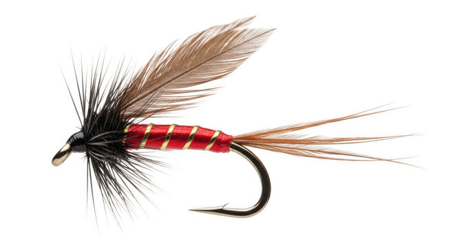 A close-up view of a beautifully crafted fly fishing lure with intricate details isolated on transparent background