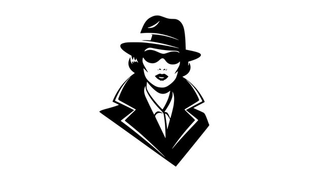 Retro noir woman portrait silhouette mafia style female character vector illustration isolated on white background