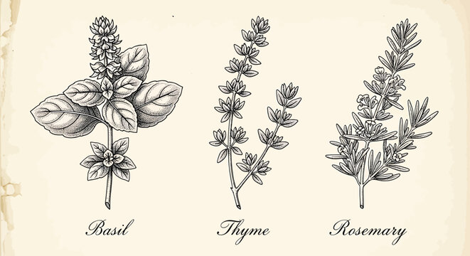 Hand drawn set of culinary herbs basil, thyme and rosemary branches botanical illustration of fresh herbs for cooking, menu design, packaging, and labels vector illustration