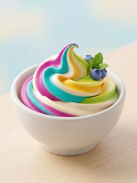 Rainbow swirls cascade in a white bowl