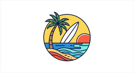 Obraz premium Tropical Beach Sunset with Palm Tree and Surfboard Illustration.