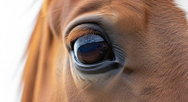 Close-up of a horses eye with detailed fur and eyelashes.