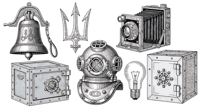Set of vintage objects ship bell, trident, old camera, safe, diving helmet and light bulb