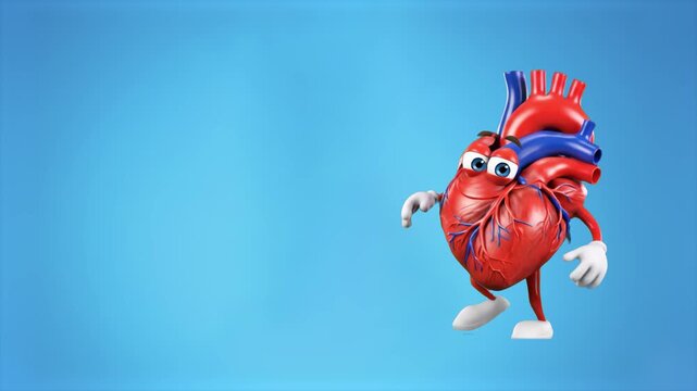 A funny medical 3D animated human heart organ character with a smiling face, arms, and legs dances happily. The loopable anatomical asset is isolated on a bright blue background.