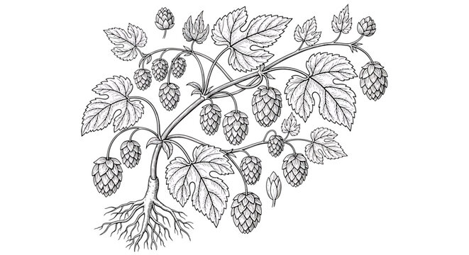 Hand drawn hop plant with cones and leaves botanical illustration of humulus lupulus, vintage engraving style