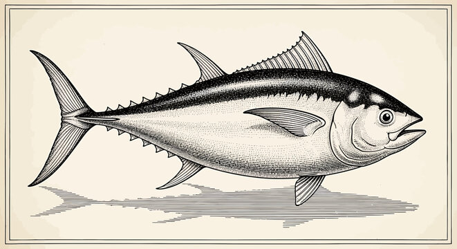 Vintage engraving of a tuna fish, a detailed illustration of a large saltwater fish often used in culinary and marine biology contexts, rendered in a classic black and white etching style
