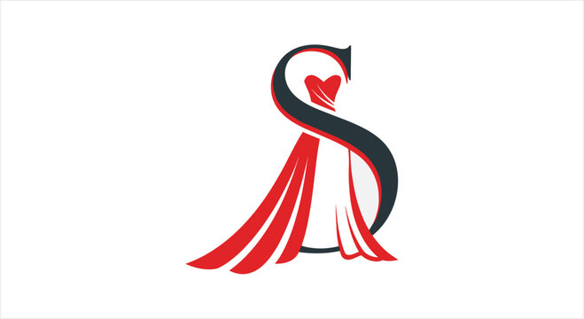 Elegant S-shaped dress logo design in red and black.