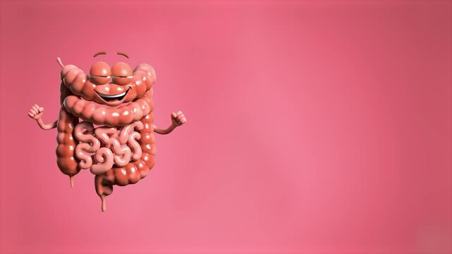 A cheerful 3D animated human intestine organ character with a smiling face dancing joyfully. This medical mascot is isolated on a pink background, perfect for digestive health and educational content.