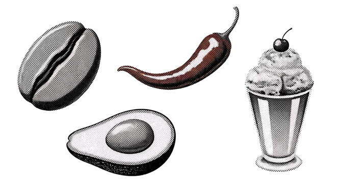 Set of vintage style hand drawn food illustrations including coffee bean, chili pepper, avocado half and ice cream sundae in a glass cup