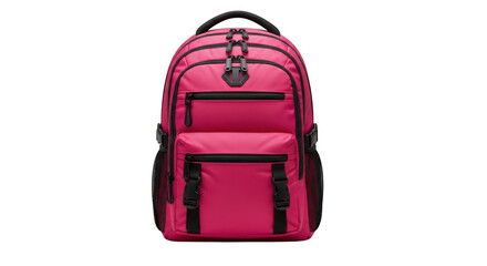 Fototapeta premium A vibrant pink backpack with a main compartment and two side pockets isolated on transparent background