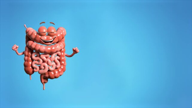 A friendly 3D animated intestine character with a happy face and limbs performing a joyful dance. This whimsical medical mascot is ideal for digestive health campaigns, biology education, and wellness