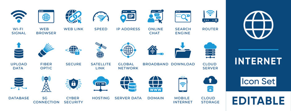 Internet icon set. Containing cloud computing, broadband, cyber security, fiber optic, hosting, domain, database and more. Solid vector icons collection.