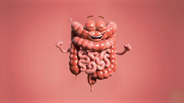 A cheerful 3D representation of human intestines with a face, arms, and legs, celebrating health and digestion. This anatomical mascot is ideal for medical education, probiotic advertising, and digest