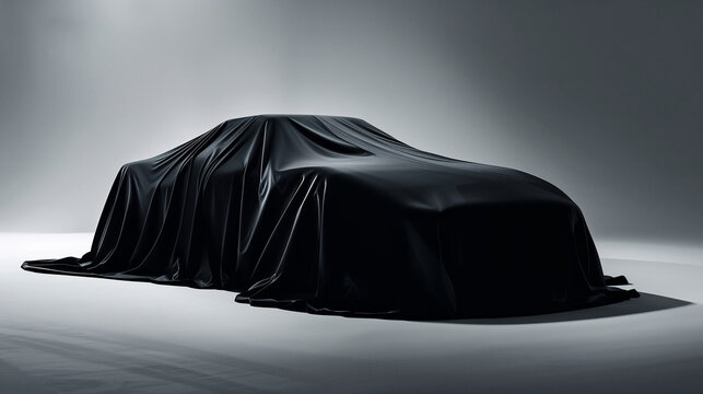 スポーツカーとカーカバーを主役にした白背景の新車発表向けビジュアル素材