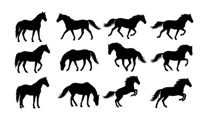 Naklejka premium Minimal horse silhouette icon set flat vector poses isolated on white