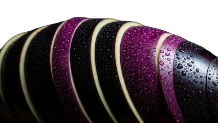 Fototapeta premium Sliced Eggplant Displaying Vibrant Purple Hues And Glistening Water Droplets On Black Backdrop