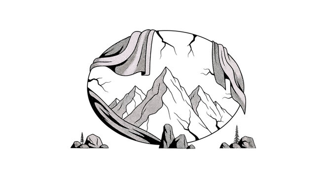 Handdrawn illustration of a mountain range inside a cracked oval frame with draped fabric, minimalist line art style, black and white vector graphic