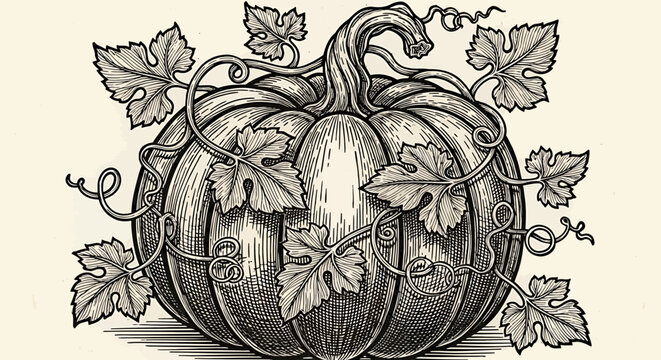 Vintage engraving style illustration of a large pumpkin with vines and leaves, detailed black and white line art drawing of a harvest vegetable
