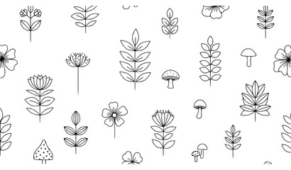 Minimal exotic flowers leaves fungus seamless line vector illustration © MstBabli
