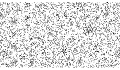 Exotic flowers leaves and fungus seamless line art vector pattern © MstBabli