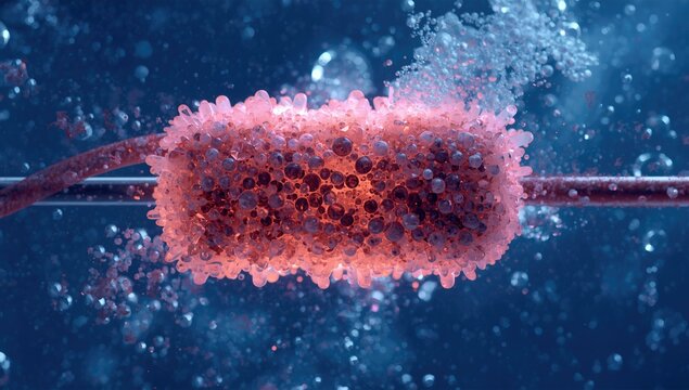 Abstract representation of a molecular structure surrounded by vibrant particles and bubbles in a colorful environment