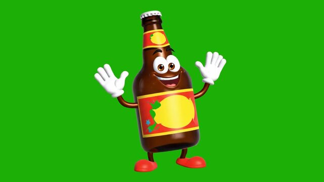 A 3D animated personified brown glass bottle with a lemon label, waving hands and dancing on a green screen. This whimsical mascot is perfect for beverage commercials, summer party themes, and fun soc