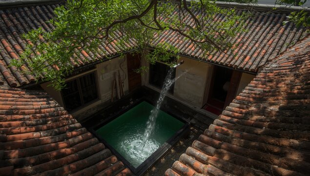 A tranquil view of a serene courtyard with a narrow pool reflecting sunlight and surrounded by lush greenery and rustic rooftops