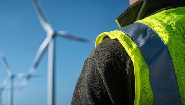 Worker in a high-visibility vest observing wind turbines against a clear blue sky in a renewable energy landscape