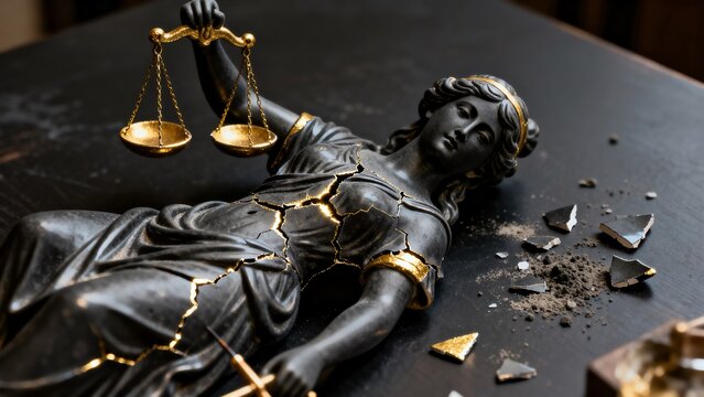 Broken statue of justice with scales