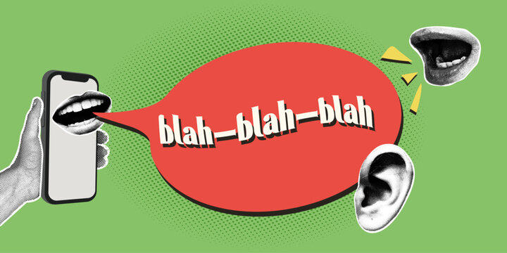 A smartphone with a mouth saying blah-blah in a speech bubble with an eavesdropping ear. Trendy halftone collage. Illustration of communication about noise, gossip, or useless chatter. Digital social