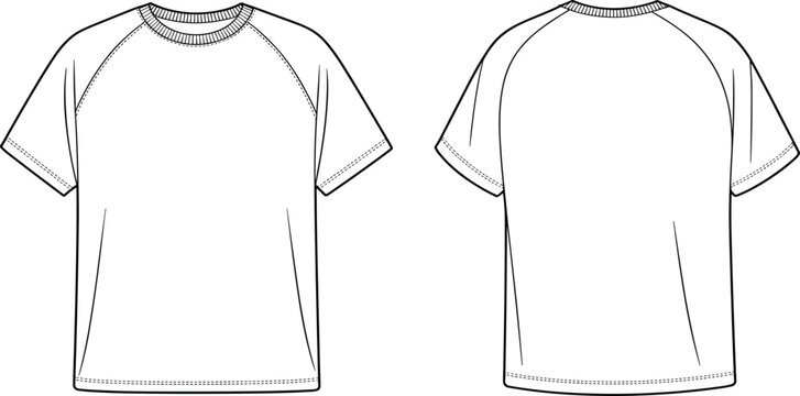 Vector, technical, sketch, of, a, blank, raglan, sleeve, t-shirt, front, and, back, view, for, apparel, manufacturing, and, fashion, design