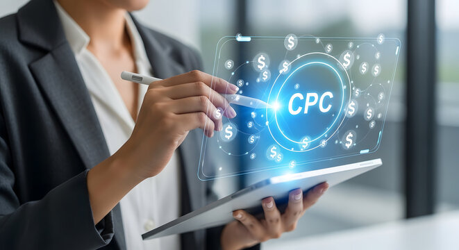 Professional Woman Demonstrating Cost Per Click on a Digital Screen Concept