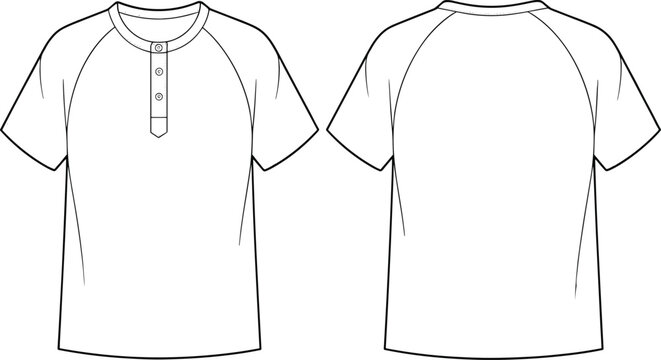 Vector, technical, sketch, of, a, mens, raglan, sleeve, henley, t-shirt, with, three, button, placket, front, and, back, view, for, manufacturing