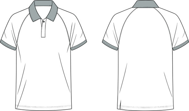Vector, technical, sketch, of, a, mens, raglan, sleeve, polo, shirt, with, contrast, collar, placket, front, and, back, view, for, manufacturing