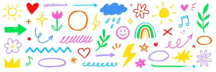 Obraz premium Crayon line pencil kid color icon set. Hand drawn crayon pastel color brush paint chalk line scribble texture. Cute kid children rainbow heart star sun cloud flower butterfly. Vector illustration