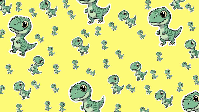 Seamless dinosaur pattern with charming velociraptor characters in clean vector cartoon illustration.