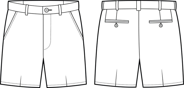 Vector, technical, sketch, of, blank, tailored, shorts, featuring, side, pockets, and, buttoned, waist, front, and, back, view, for, apparel, manufacturing