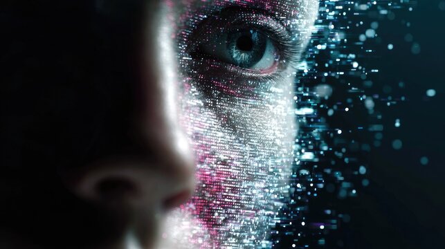 Close-Up of Digital Human Face with Futuristic AI and Technology Elements