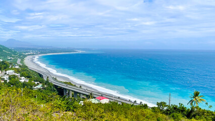 Aerial view of the winding scenic coastal highway along the Pacific Ocean in Taimali, Taitung, Taiwan. © Jeff