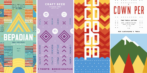 A collection of colorful geometric beer label designs with varying typography © Nipa