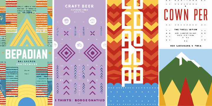 A collection of colorful geometric beer label designs with varying typography