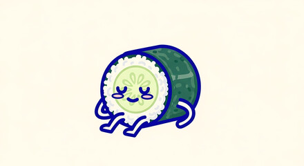 Obraz premium Cute Kawaii Cucumber Sushi Roll Character with Blue Outline