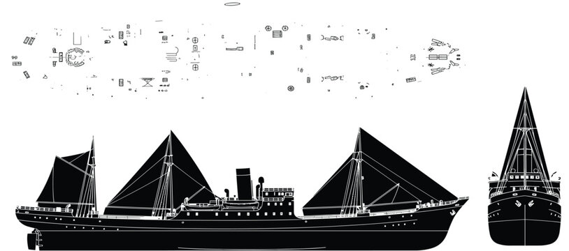 Vintage Steamship Technical Silhouette Collection Featuring Side Profile View Top Deck Plan and Front View of Antique Three Masted Vessel