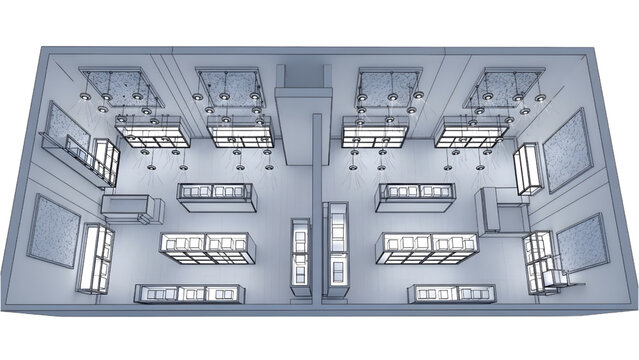 Retail Boutique Lighting Plan with Ceiling Pendants, Display Shelves and Decorative Wall Panels, 3D CAD Blueprint Vector