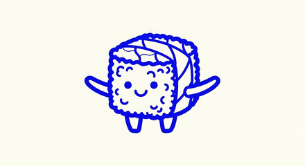 Obraz premium Cute Kawaii Sushi Character with Smiling Face Blue Outline