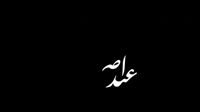 Animated Arabic calligraphy of eid mubarak greeting, says 'eid adha mubarak' means 'happy eid adha to you', with handwriting effect, white text on transparent background, 4K video animation