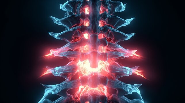 Human spine transformed into robotic structure, biomechanical design, glowing energy core 